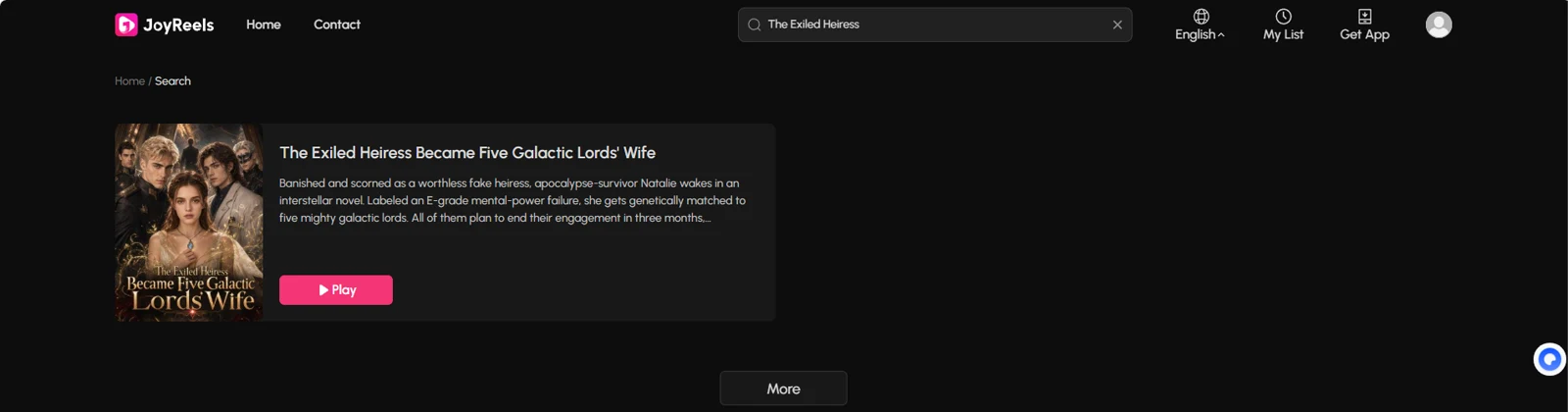 JoyReels 平台搜索页，显示 The Exiled Heiress Became Five Galactic Lords’ Wife